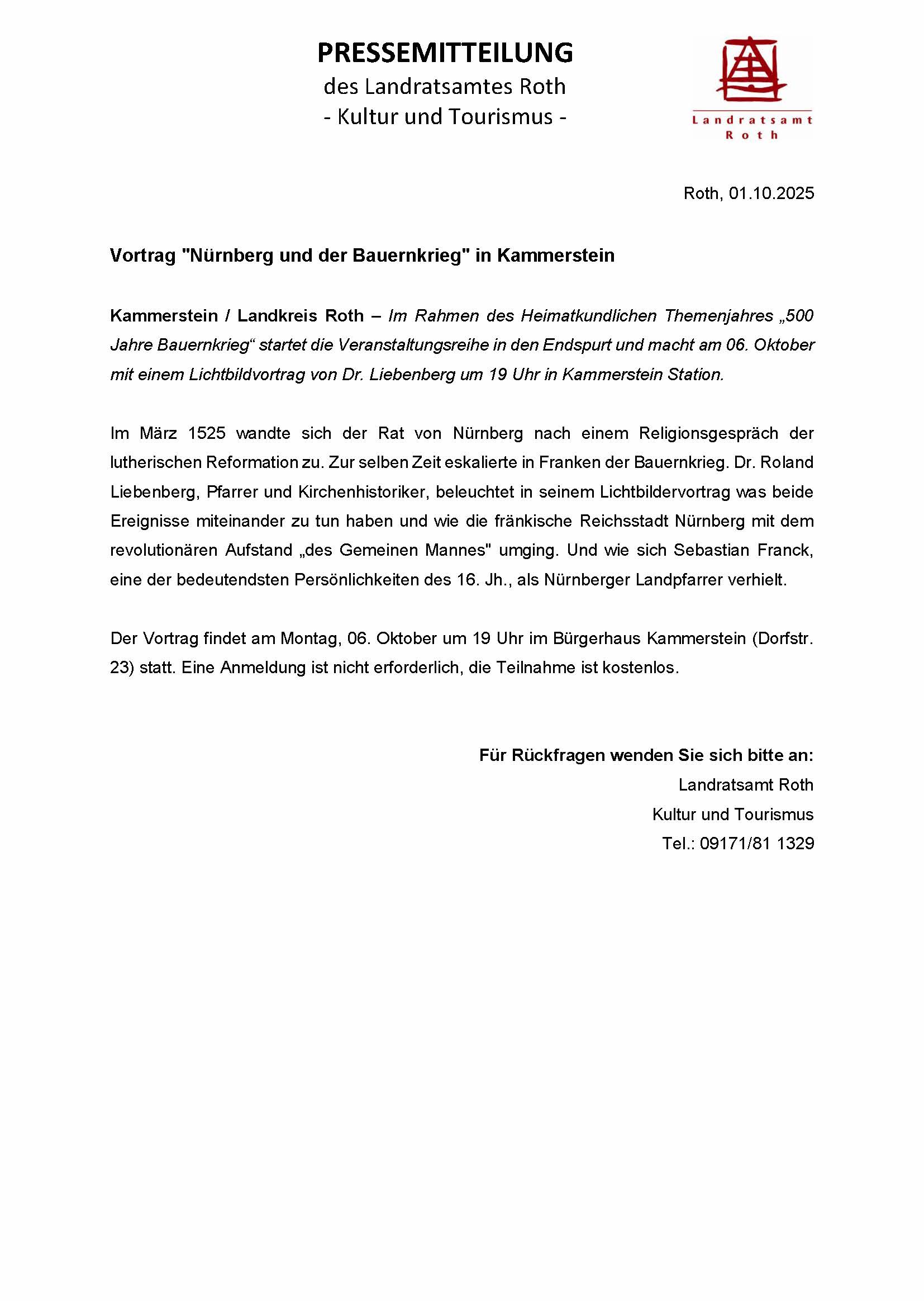 251001 PM Vortrag zum Bauernkrieg Dr. Liebenberg Heimatkundl. Themenjahr