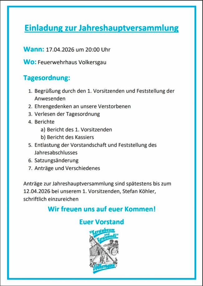 Jahreshauptversammlung der Kerwaboum Volkersgau